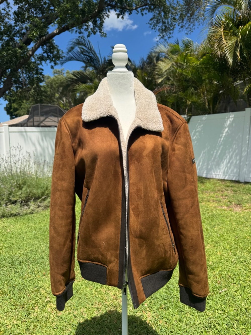 Guess Men’s Brown Suede Bomber Jacket with Cream Shearling Collar